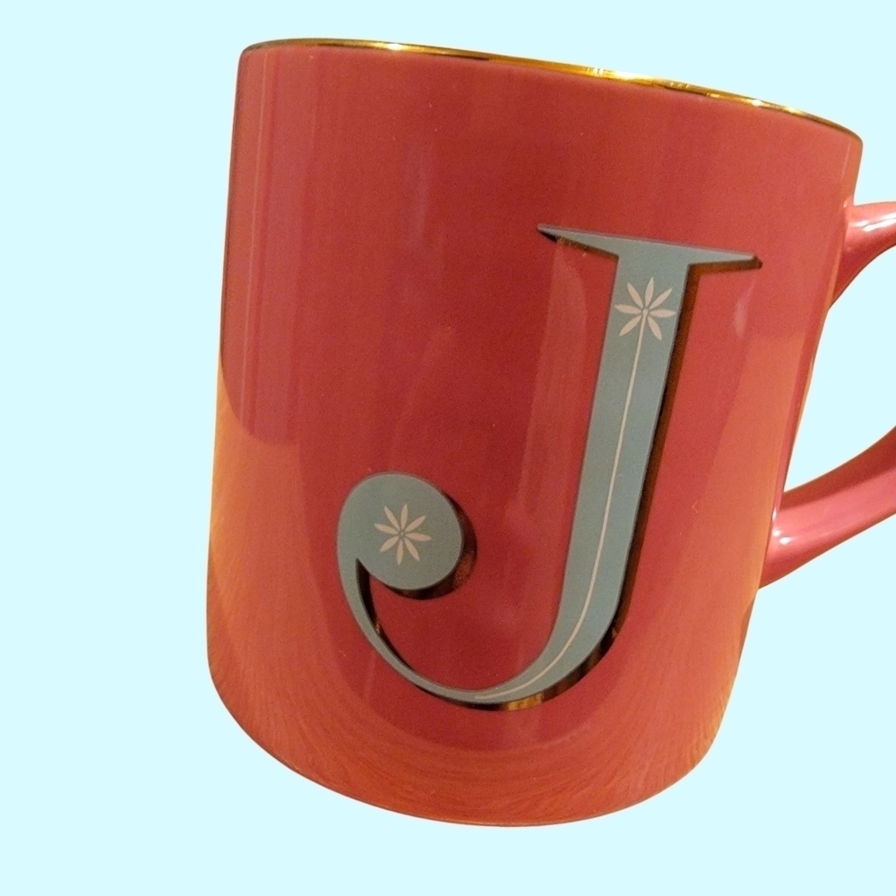 Opalhouse Stoneware Mug Pink & Teal Monogrammed "J" Retro MCM Style Atomic